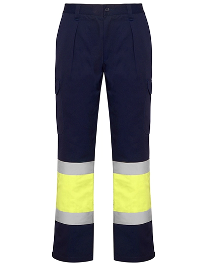 Soan Hi-Viz Trousers zum Besticken und Bedrucken in der Farbe Navy Blue 55-Fluor Yellow 221 mit Ihren Logo, Schriftzug oder Motiv.