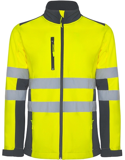 Antares Hi-Viz Softshell Jacket zum Besticken und Bedrucken in der Farbe Lead 23-Fluor Yellow 221 mit Ihren Logo, Schriftzug oder Motiv.