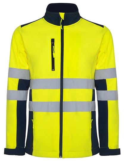 Antares Hi-Viz Softshell Jacket zum Besticken und Bedrucken in der Farbe Navy Blue 55-Fluor Yellow 221 mit Ihren Logo, Schriftzug oder Motiv.