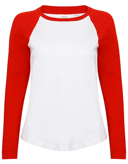 Women´s Long Sleeved Baseball T zum Besticken und Bedrucken in der Farbe White-Red mit Ihren Logo, Schriftzug oder Motiv.