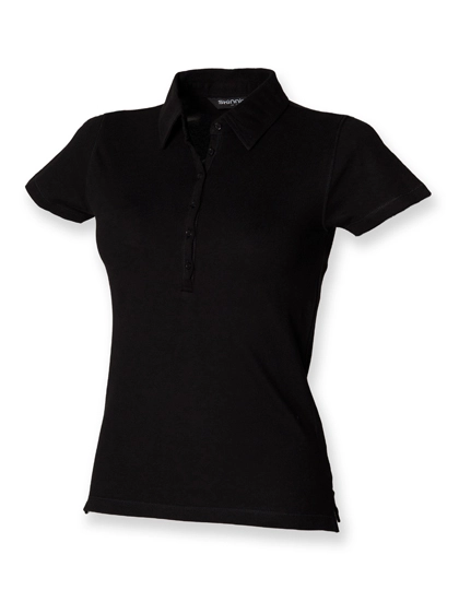 Women´s Short Sleeved Stretch Polo zum Besticken und Bedrucken in der Farbe Black mit Ihren Logo, Schriftzug oder Motiv.