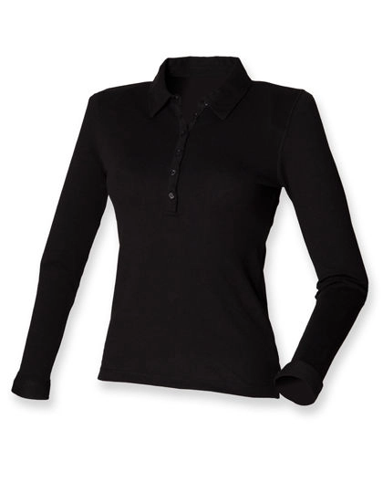 Women´s Long Sleeved Stretch Polo zum Besticken und Bedrucken in der Farbe Black mit Ihren Logo, Schriftzug oder Motiv.