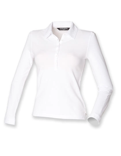 Women´s Long Sleeved Stretch Polo zum Besticken und Bedrucken in der Farbe White mit Ihren Logo, Schriftzug oder Motiv.