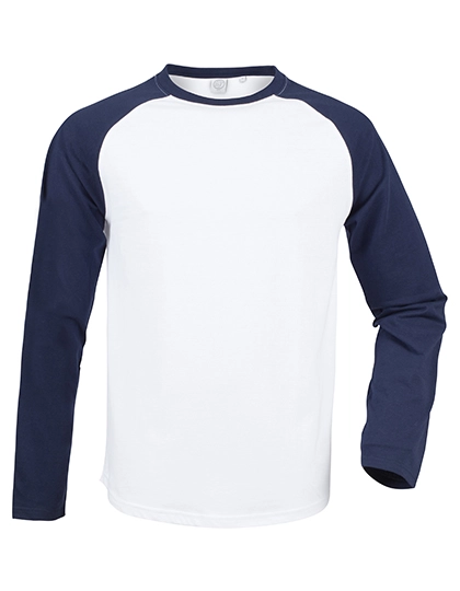 Men´s Long Sleeved Baseball T zum Besticken und Bedrucken in der Farbe White-Oxford Navy mit Ihren Logo, Schriftzug oder Motiv.