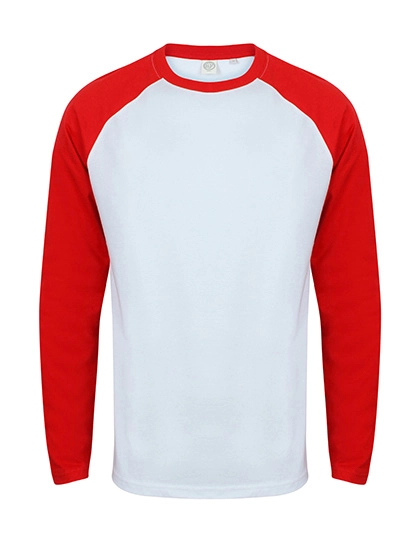 Men´s Long Sleeved Baseball T zum Besticken und Bedrucken in der Farbe White-Red mit Ihren Logo, Schriftzug oder Motiv.