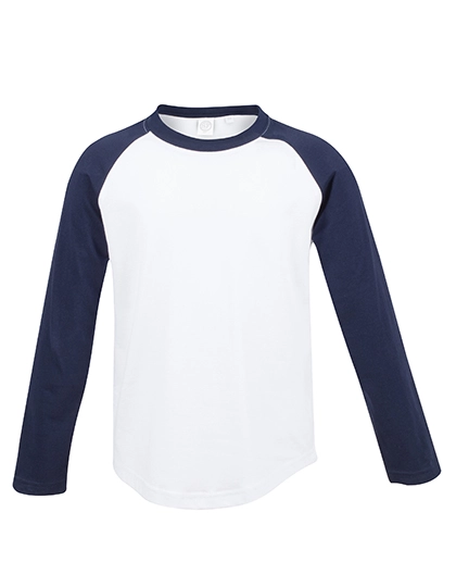 Kids´ Long Sleeved Baseball T zum Besticken und Bedrucken in der Farbe White-Oxford Navy mit Ihren Logo, Schriftzug oder Motiv.