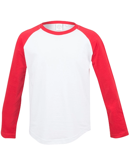 Kids´ Long Sleeved Baseball T zum Besticken und Bedrucken in der Farbe White-Red mit Ihren Logo, Schriftzug oder Motiv.