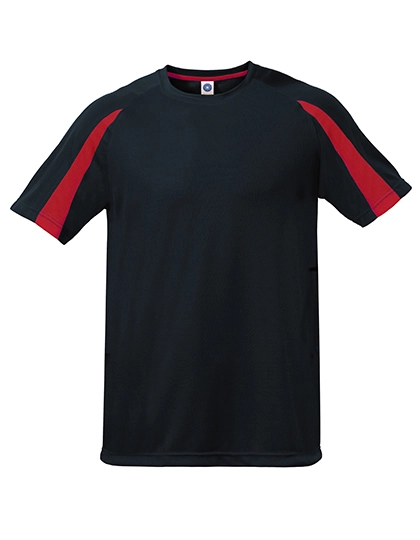 Unisex Contrast Sports T-Shirt zum Besticken und Bedrucken in der Farbe Black-Fiesta Red mit Ihren Logo, Schriftzug oder Motiv.