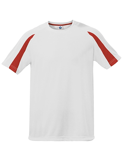 Unisex Contrast Sports T-Shirt zum Besticken und Bedrucken in der Farbe White-Fiesta Red mit Ihren Logo, Schriftzug oder Motiv.
