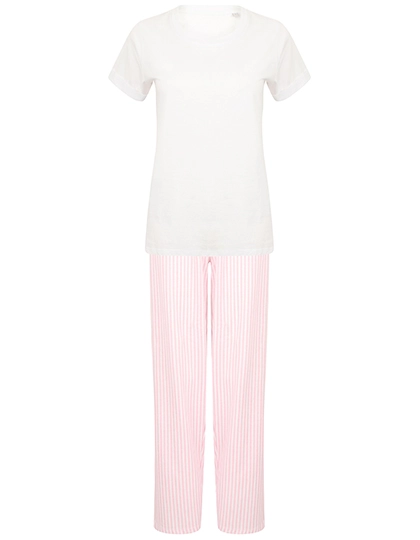 Long Pant Pyjama Set In A Bag zum Besticken und Bedrucken in der Farbe White-Pink-White Stripe mit Ihren Logo, Schriftzug oder Motiv.