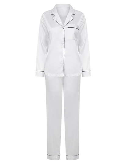 Ladies´ Satin Long Pyjamas zum Besticken und Bedrucken in der Farbe White mit Ihren Logo, Schriftzug oder Motiv.