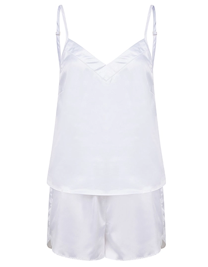 Ladies´ Satin Cami Short Pyjamas zum Besticken und Bedrucken in der Farbe White mit Ihren Logo, Schriftzug oder Motiv.