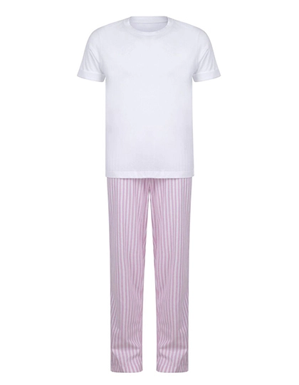 Childrens´ Long Pyjamas zum Besticken und Bedrucken in der Farbe White-Pink-White Stripe mit Ihren Logo, Schriftzug oder Motiv.