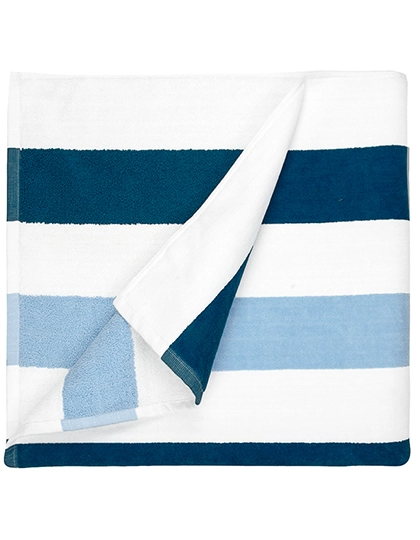Beach Towel Stripe zum Besticken und Bedrucken in der Farbe Navy Blue-Light Blue-White mit Ihren Logo, Schriftzug oder Motiv.