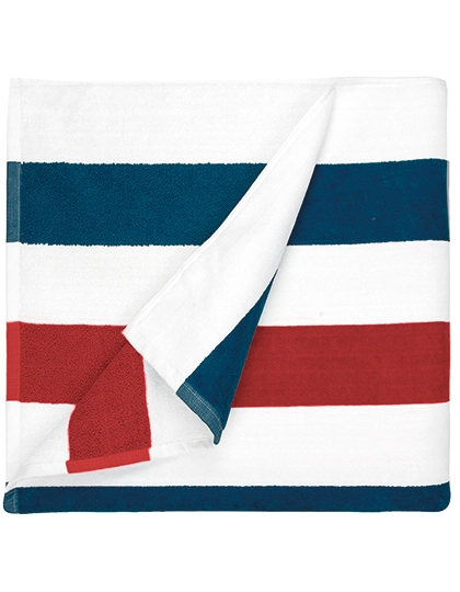 Beach Towel Stripe zum Besticken und Bedrucken in der Farbe Navy Blue-Red-White mit Ihren Logo, Schriftzug oder Motiv.