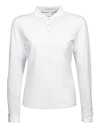 Women´s Luxury Stretch Long Sleeve Polo zum Besticken und Bedrucken in der Farbe White mit Ihren Logo, Schriftzug oder Motiv.
