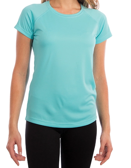 Ladies` Solar Performance Short Sleeve T-Shirt zum Besticken und Bedrucken in der Farbe Water Blue mit Ihren Logo, Schriftzug oder Motiv.
