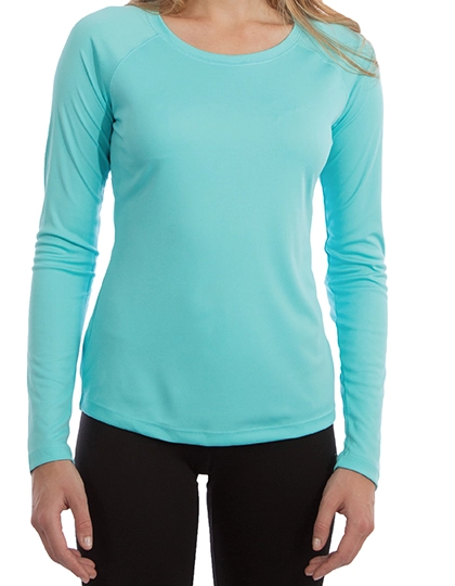 Ladies` Solar Performance Long Sleeve T-Shirt zum Besticken und Bedrucken in der Farbe Water Blue mit Ihren Logo, Schriftzug oder Motiv.