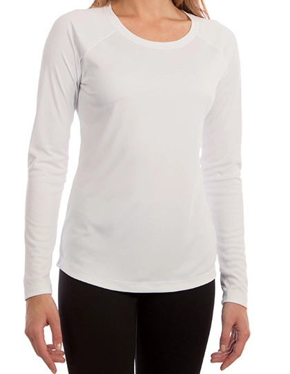 Ladies` Solar Performance Long Sleeve T-Shirt zum Besticken und Bedrucken in der Farbe White mit Ihren Logo, Schriftzug oder Motiv.