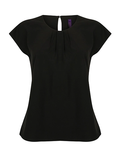 Ladies´ Pleat Front Short Sleeve Blouse zum Besticken und Bedrucken in der Farbe Black mit Ihren Logo, Schriftzug oder Motiv.