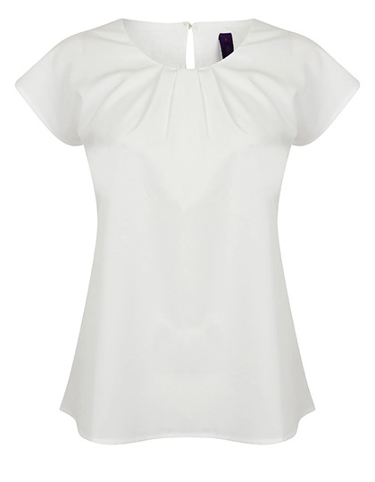 Ladies´ Pleat Front Short Sleeve Blouse zum Besticken und Bedrucken in der Farbe White mit Ihren Logo, Schriftzug oder Motiv.