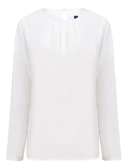 Ladies´ Pleat Front Long Sleeved Blouse zum Besticken und Bedrucken in der Farbe White mit Ihren Logo, Schriftzug oder Motiv.