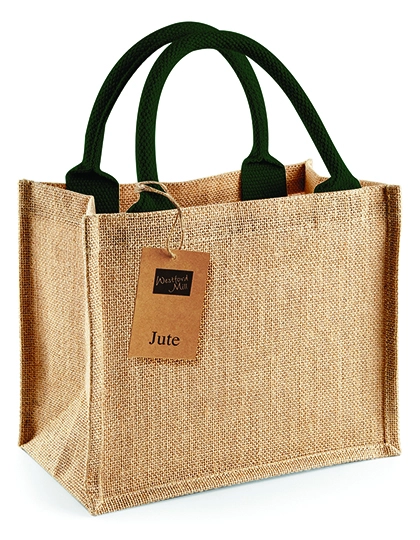 Jute Mini Gift Bag zum Besticken und Bedrucken in der Farbe Natural-Forest Green mit Ihren Logo, Schriftzug oder Motiv.