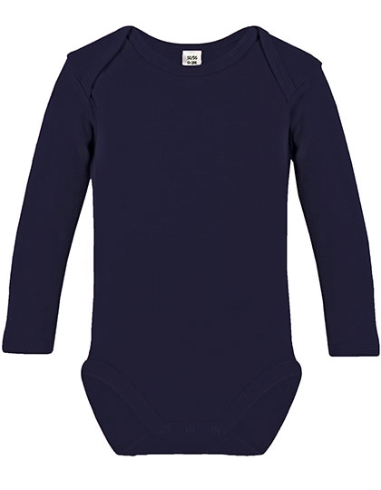 Long Sleeve Baby Bodysuit zum Besticken und Bedrucken in der Farbe Navy mit Ihren Logo, Schriftzug oder Motiv.