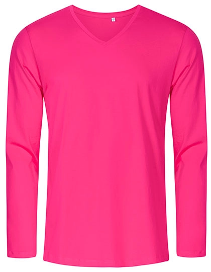 Men´s V-Neck T-Shirt Long Sleeve zum Besticken und Bedrucken in der Farbe Bright Rose mit Ihren Logo, Schriftzug oder Motiv.