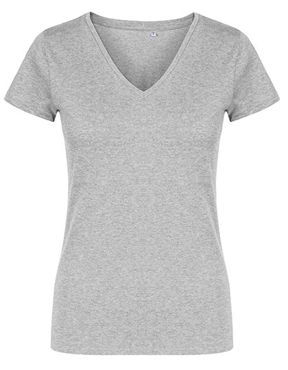 Women´s V-Neck T-Shirt zum Besticken und Bedrucken in der Farbe Heather Grey mit Ihren Logo, Schriftzug oder Motiv.