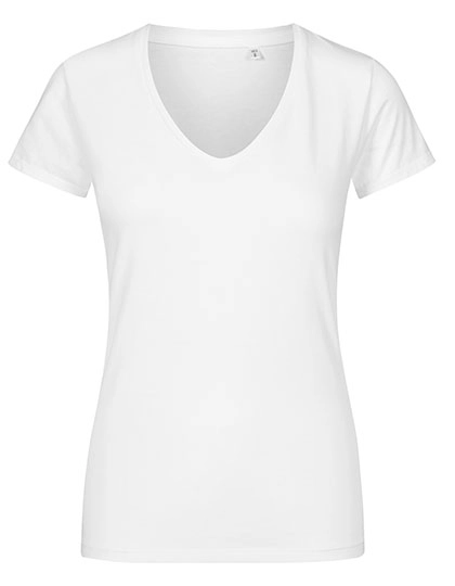 Women´s V-Neck T-Shirt zum Besticken und Bedrucken in der Farbe White mit Ihren Logo, Schriftzug oder Motiv.
