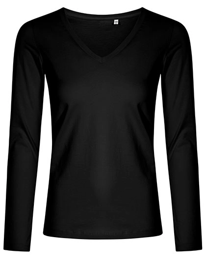 Women´s V-Neck T-Shirt Long Sleeve zum Besticken und Bedrucken in der Farbe Black mit Ihren Logo, Schriftzug oder Motiv.