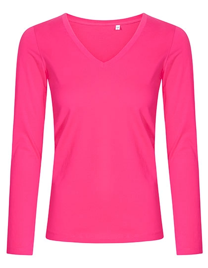 Women´s V-Neck T-Shirt Long Sleeve zum Besticken und Bedrucken in der Farbe Bright Rose mit Ihren Logo, Schriftzug oder Motiv.