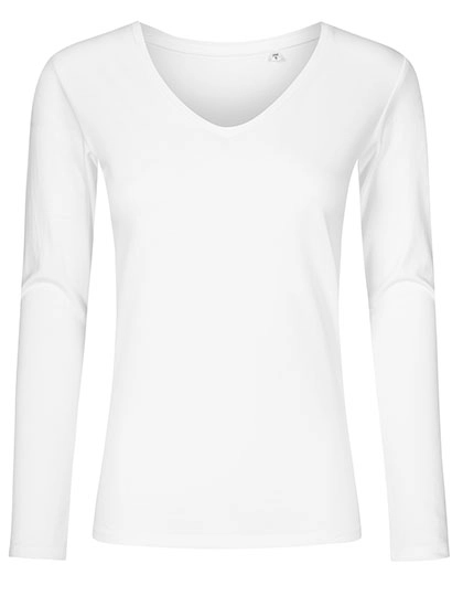 Women´s V-Neck T-Shirt Long Sleeve zum Besticken und Bedrucken in der Farbe White mit Ihren Logo, Schriftzug oder Motiv.