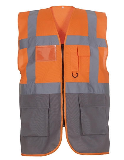 Multi-Functional Executive Waistcoat zum Besticken und Bedrucken in der Farbe Hi-Vis Orange-Grey mit Ihren Logo, Schriftzug oder Motiv.
