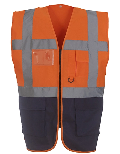 Multi-Functional Executive Waistcoat zum Besticken und Bedrucken in der Farbe Hi-Vis Orange-Navy mit Ihren Logo, Schriftzug oder Motiv.