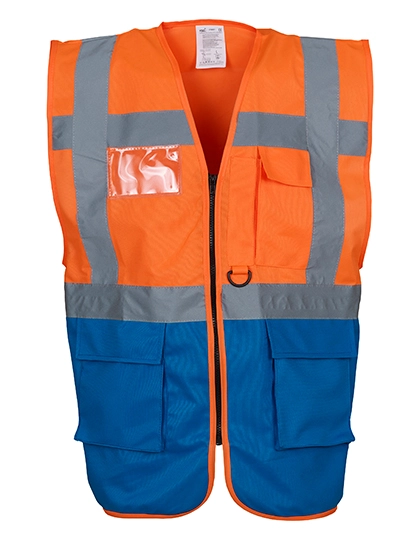 Multi-Functional Executive Waistcoat zum Besticken und Bedrucken in der Farbe Hi-Vis Orange-Royal Blue mit Ihren Logo, Schriftzug oder Motiv.