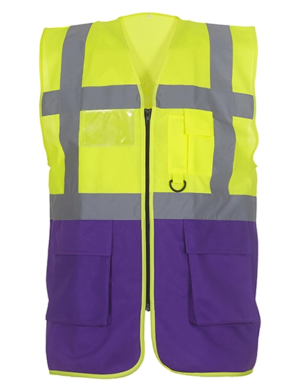 Multi-Functional Executive Waistcoat zum Besticken und Bedrucken in der Farbe Hi-Vis Yellow-Purple mit Ihren Logo, Schriftzug oder Motiv.