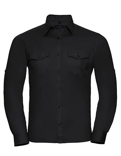 Men´s Roll Long Sleeve Fitted Twill Shirt zum Besticken und Bedrucken in der Farbe Black mit Ihren Logo, Schriftzug oder Motiv.
