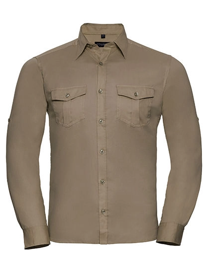 Men´s Roll Long Sleeve Fitted Twill Shirt zum Besticken und Bedrucken in der Farbe Khaki mit Ihren Logo, Schriftzug oder Motiv.