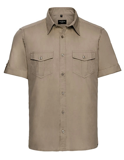 Men´s Roll Short Sleeve Fitted Twill Shirt zum Besticken und Bedrucken in der Farbe Khaki mit Ihren Logo, Schriftzug oder Motiv.