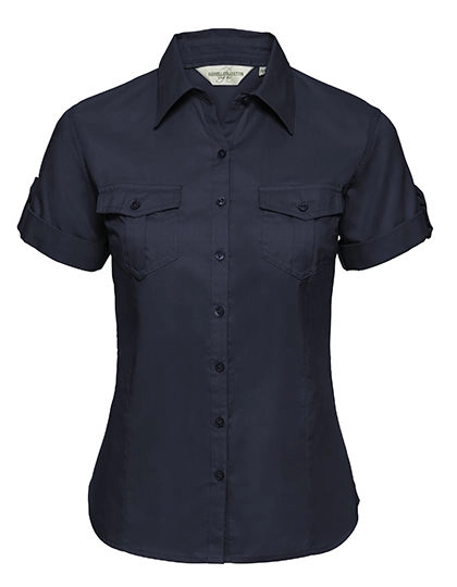 Ladies´ Roll Short Sleeve Fitted Twill Shirt zum Besticken und Bedrucken in der Farbe French Navy mit Ihren Logo, Schriftzug oder Motiv.