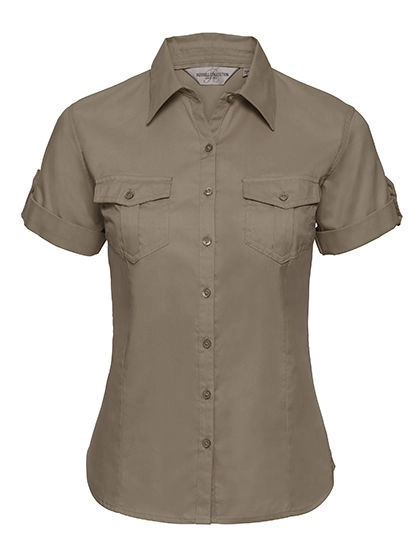 Ladies´ Roll Short Sleeve Fitted Twill Shirt zum Besticken und Bedrucken in der Farbe Khaki mit Ihren Logo, Schriftzug oder Motiv.