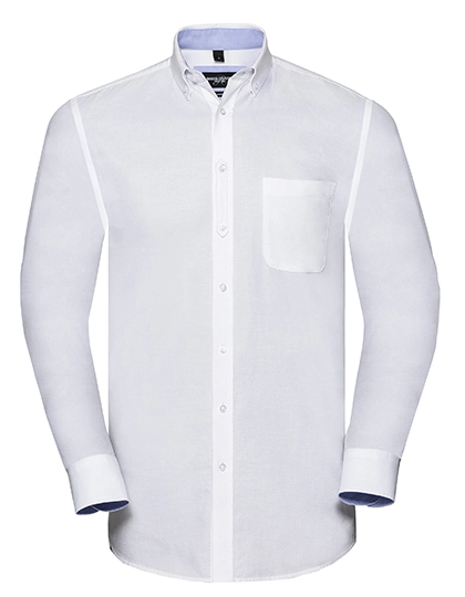 Men´s Long Sleeve Tailored Washed Oxford Shirt zum Besticken und Bedrucken in der Farbe White-Oxford Blue mit Ihren Logo, Schriftzug oder Motiv.