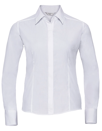 Ladies´ Long Sleeve Fitted Polycotton Poplin Shirt zum Besticken und Bedrucken in der Farbe White mit Ihren Logo, Schriftzug oder Motiv.