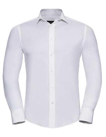 Men´s Long Sleeve Fitted Stretch Shirt zum Besticken und Bedrucken in der Farbe White mit Ihren Logo, Schriftzug oder Motiv.