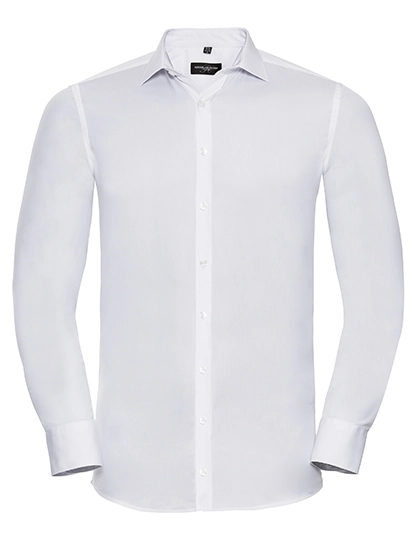 Men´s Long Sleeve Fitted Ultimate Stretch Shirt zum Besticken und Bedrucken in der Farbe White mit Ihren Logo, Schriftzug oder Motiv.