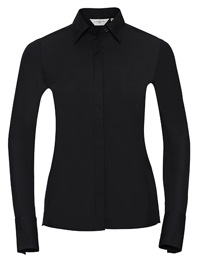 Ladies´ Long Sleeve Fitted Ultimate Stretch Shirt zum Besticken und Bedrucken in der Farbe Black mit Ihren Logo, Schriftzug oder Motiv.
