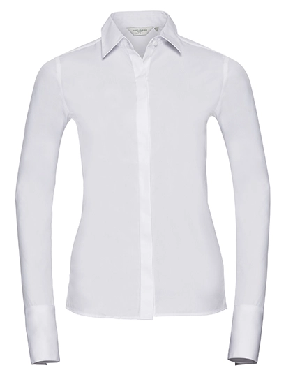 Ladies´ Long Sleeve Fitted Ultimate Stretch Shirt zum Besticken und Bedrucken in der Farbe White mit Ihren Logo, Schriftzug oder Motiv.