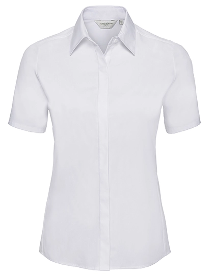 Ladies´ Short Sleeve Fitted Ultimate Stretch Shirt zum Besticken und Bedrucken in der Farbe White mit Ihren Logo, Schriftzug oder Motiv.